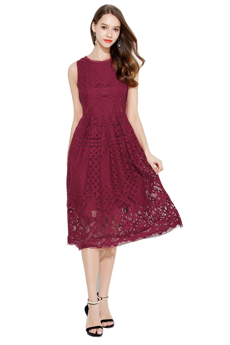 VEIISAR Womens Fashion Sleeveless Lace Fit Flare Elegant Cocktail Party Dress (XX-Large, Red Wine) - Image 3